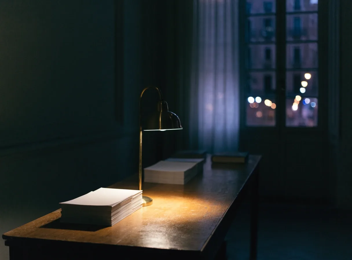 Sala de lectura nocturna con mesa larga, fichas y una lámpara baja