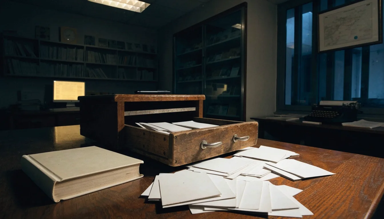 Cajonera de madera entreabierta en un despacho de documentación iluminada por una lámpara de mesa