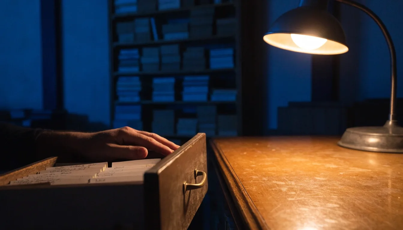 Cajón de fichas de archivo abierto en una sala de lectura nocturna, con una mano apoyada en el borde de una ficha