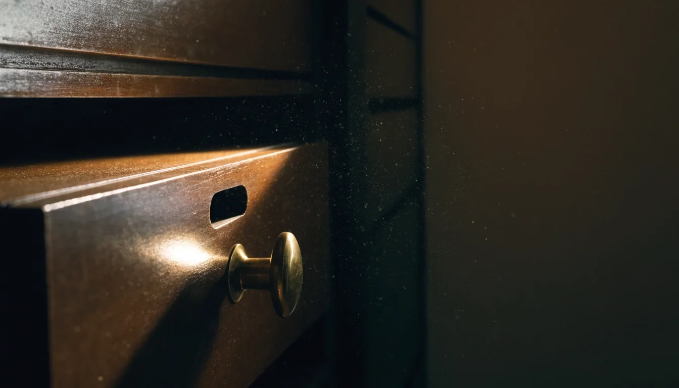 Cajón de fichas cerrado bajo la luz de una lámpara de lectura, con la pared de fondo fundida en negro