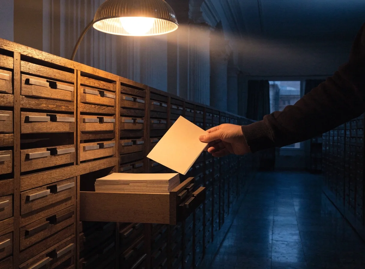 Fichas en blanco levantadas de un cajón en una sala de archivo